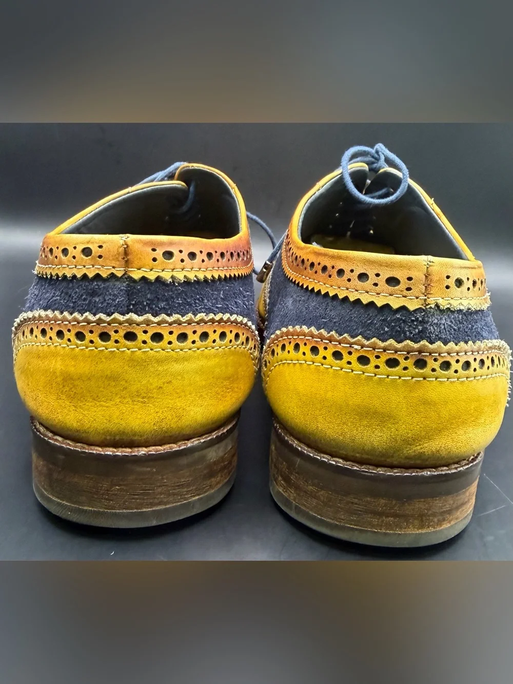 Lethato Wingtip Brogue Men's Two-Tone Brogue Oxfords - Yellow/Navy, Size:10.5/11